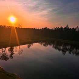 sunset over a lake with a treeline